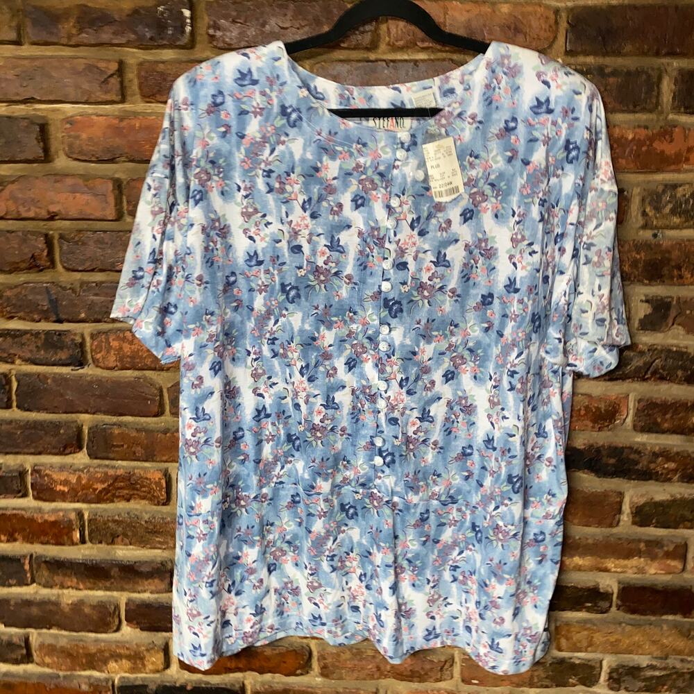 NWT Stefano Blue Floral Short Sleeve Button Down Top Shoulder Pads Size 22/24W